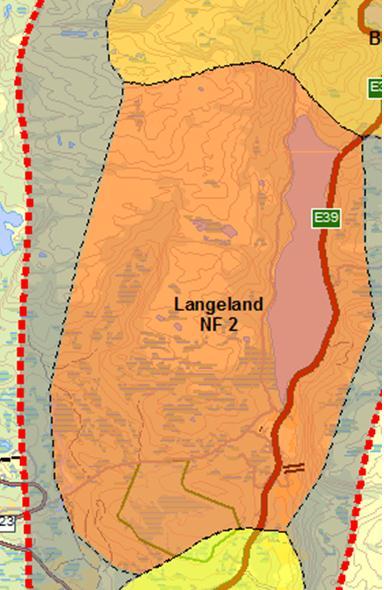 Figur 5-5 kartutsnitt over verdiområdet NF 2 Langeland Verdivurdering Friluftsområdet rundt Langeland ein del av eit stort regionalt friluftsområde (FRIDA).