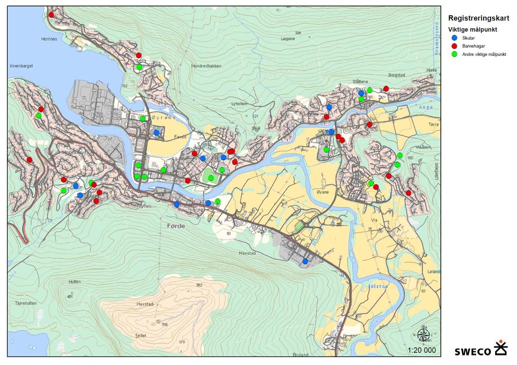 Figur 5-12 Kartet viser registreringar av viktige målpunkt som skular, barnehagar og andre viktige målpunkt i Konsekvensvurdering Følgjande dagsoner går gjennom NF 5: Dagsone Bekkjaholten Nord- Reset