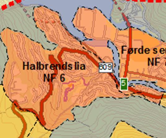 5.7.6 NF6 Halbrendslia Som eit av dei tettast busette områda i Førde er det naturlegvis høg tettleik av bustader i Halbrendslia og områda rundt.