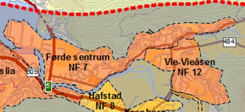 Figur 5-14 kartutsnitt over verdiområdet NF 7 Førde sentrum Verdivurdering Mange viktige funksjonar, næringsaktivitetar og administrative funksjonar er lagt til Førde sentrum.