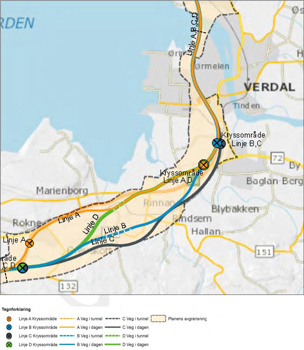 Delstrekning Rinnleiret Delstrekningen går fra Austvoll sør for Mule i Levanger kommune fram til bru over Verdalselva i Verdal kommune. Delstrekningen har en lengde på ca. 9,2 km målt langs dagens.