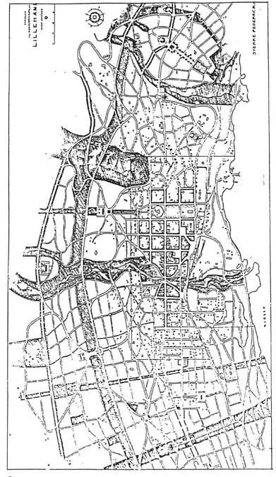 Dette området var tiltenkt rollen som sentrumsområde i Buchholz byplan. Foto: www.seeiendom.no. Sverre Pedersens plan. Terrengtilpasningen videreføres i Lillehammers planarbeid utover 1920-30-tallet.