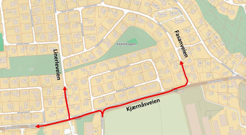 Figur 9: Antatte kjøreruter for de som tidligere gikk på Vestskogen skole.