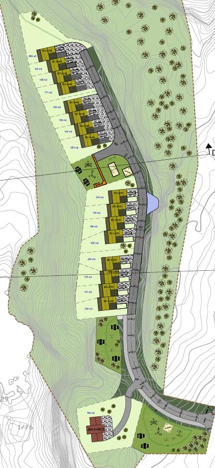 BKS1 og BKS2: Totalt 16 rekkehus i tre etasjar som vert terrassert for å tilpassa terrenget. Maksimalt 60 % BYA. f_blk1: Sentral leikeplass fordelt på to nivå.