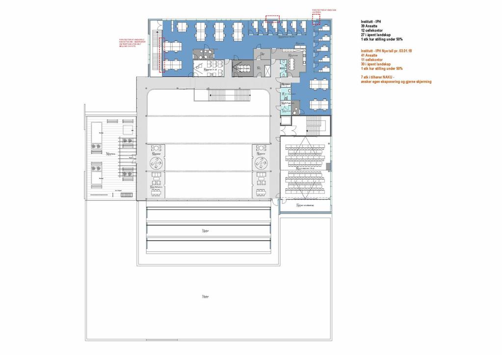 Skisse etter nye innspill på fordeling enekontor/åpent miljø i institutt - 6.etg.