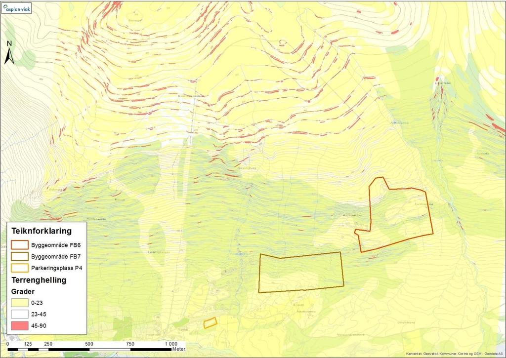 20 Figur 18 Raude område viser terreng der terrenggradienten er høg nok for utløysing av steinsprang. For sjølve planområda er det berre byggeområde FB6 som har enkelte parti som er raudlagt.