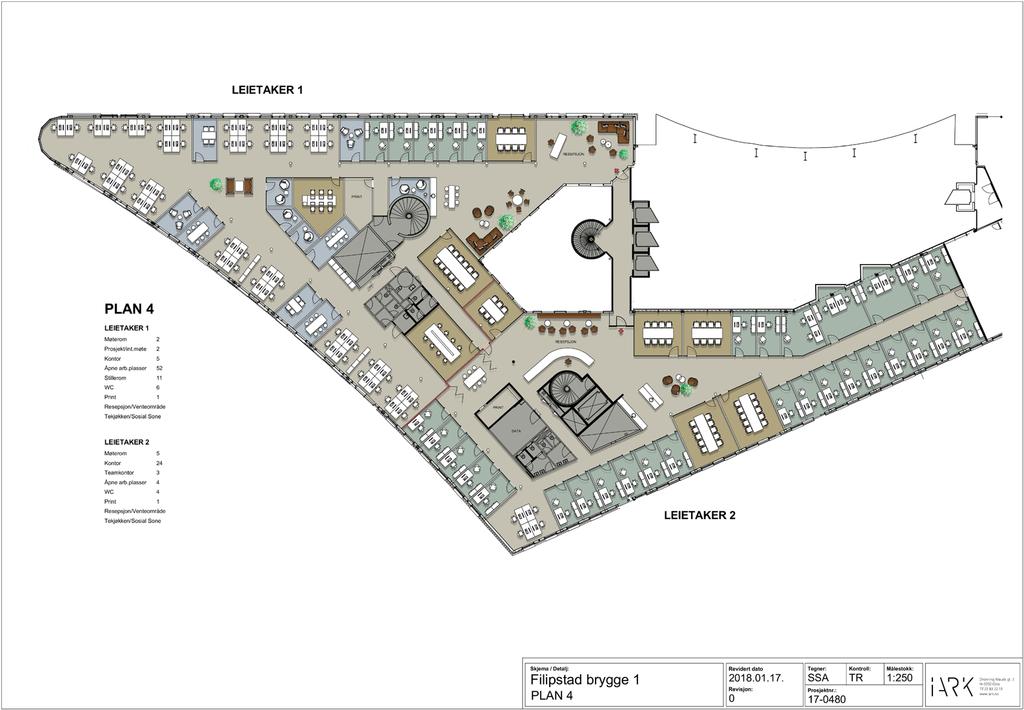 23 BYGG A 3. etasje: DAGENS LAYOUT LEIETAKER 1 LEIETAKER 2 LEIETAKER 1 1.129 KVM 57 ARBEIDSPLASSER LEIETAKER 2 1.