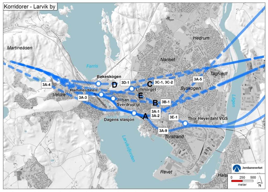 Korridorer og stasjonsplasseringer vurdert i Larvik