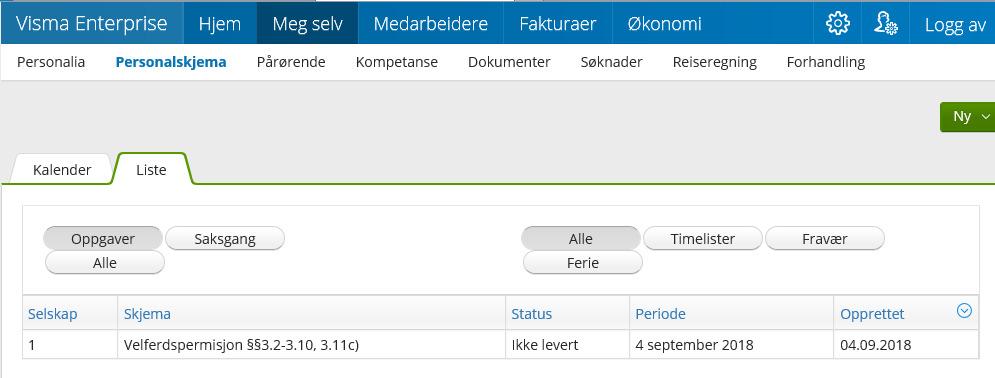 Status viser at fraværet ikke er levert, dvs ikke sendt i saksgang til attestasjon og godkjenning.