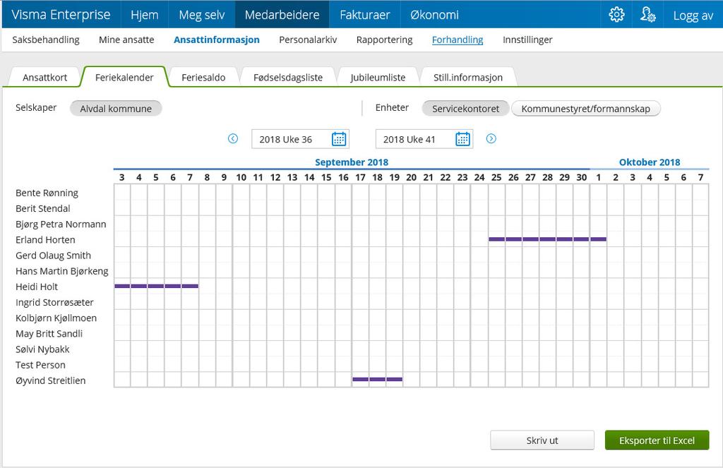 6. Feriekalender for ansatte Du har mulighet til å se godkjent ferie for dine kollegaer. Ferien vises i en egen feriekalender.