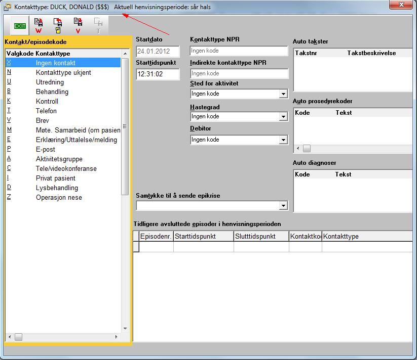 Henvisningsperiode / Episoderegistrering (Avtalespesialister) 33 Velg deretter ønsket kontaktype og registrer eventuelle endringer for valgt kontakttype. Vi kommer deretter inn i pasientens hovedmeny.