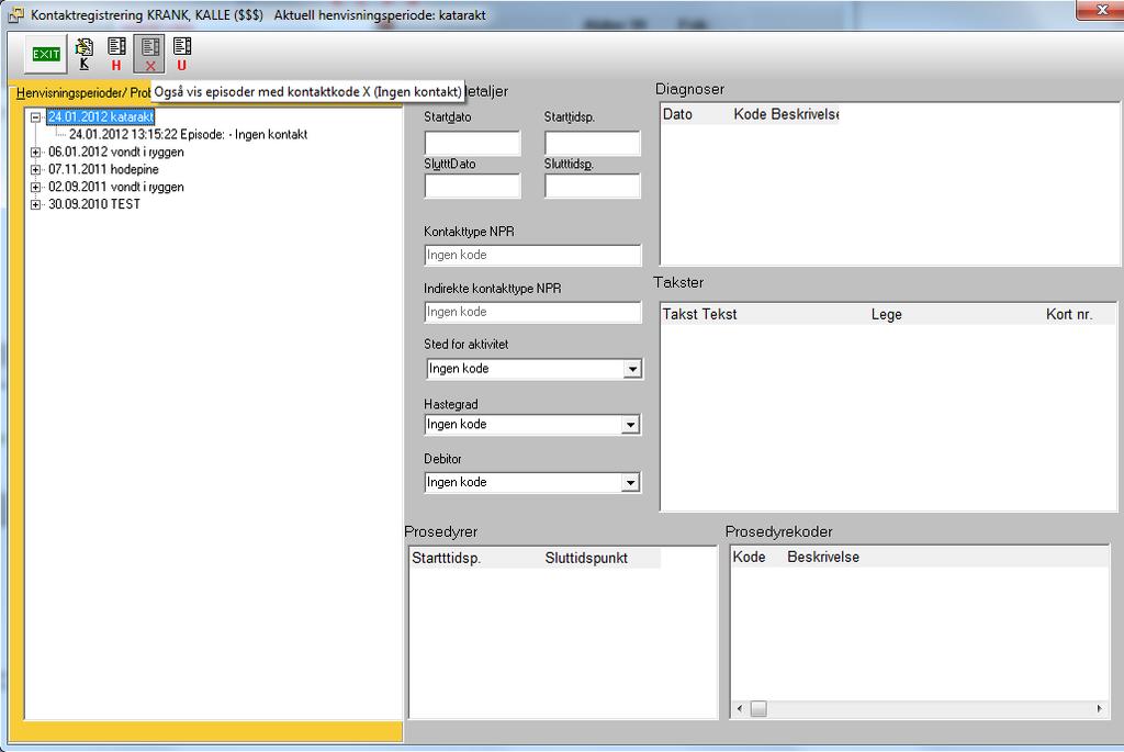 38 Spesialist 2012 Denne episoderegistreringen kan nå endres ved hjelp av Alt+K (Endre episoderegistrering). 1.8.4 Visning av ukjente kontaktkode Denne funksjonen gjør at vi får en oversikt over alle registreringer av typen "Kontakttype ukjent".