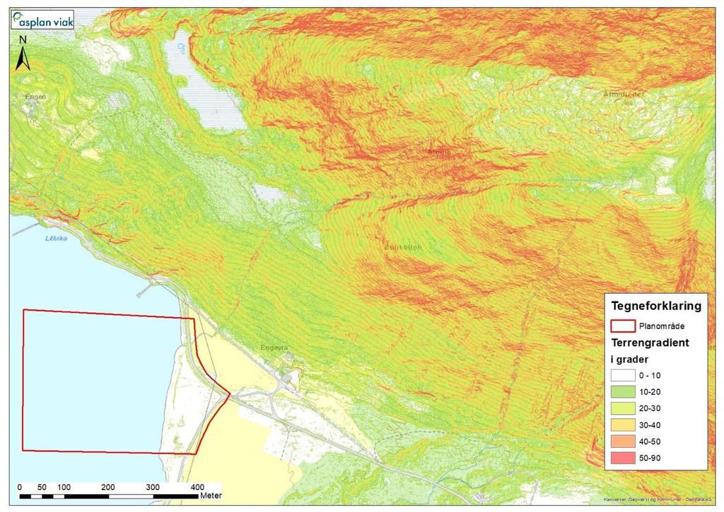 Figur 5: Oversikt over terrenghelningen i planområdet og dalsiden. 3.3. Geologi Ifølge NGU sin løsmassedatabase (www.geo.ngu.