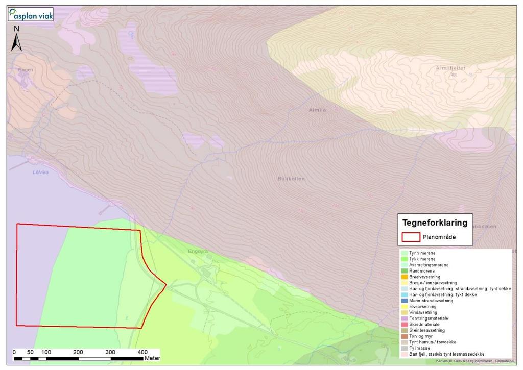 Figur 6: Løsmassekart over planområdet og dalsiden over. 3.4. Drenering Ifølge det topografiske kartet er det en bekk som renner fra dalsiden og gjennom planområdet.