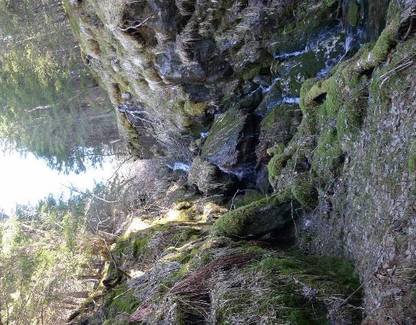 Bekken renner i relativt bratt terreng, der sørlig side av bekken er tilnærmet en vertikal bergvegg.