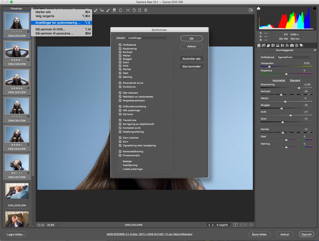 Øvelse 4.2 Behandling av flere bilder i ACR og Bridge Eksempel på synkronisering av alle innstillinger på et sett med bilder i ACR.