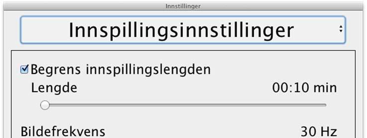 7.4.3.4 Opptaksinnstillinger Begrenset innspillingstid Videoinnspillingen kan begrenses i steg fra 10 sekunder opp til 10 minutter.