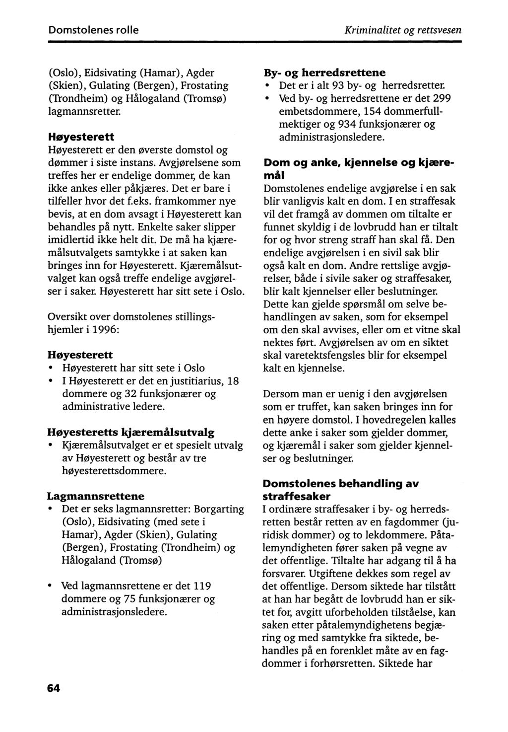 Domstolenes rolle Kriminalitet og rettsvesen (Oslo), Eidsivating (Hamar), Agder (Skien), Gulating (Bergen), Frostating (Trondheim) og Hålogaland (Tromsø) lagmannsretter.