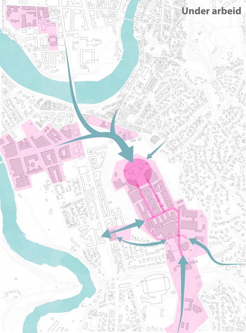 Hovedgrep Vesentlige adkomster og forbindelser Viktige byrom og strøk Aktive fasader Forbindelser til park Området