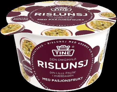 TINE Rislunsj Pasjonsfrukt 150 g NY SPENNENDE RISLUNSJ -SMAK, KOMMER SOM LIMITED EDITION Bidra til økt bruksfrekvens (flere spise oftere) ved å aktualisere gjennom smaksvariasjon Den høye rulleringen