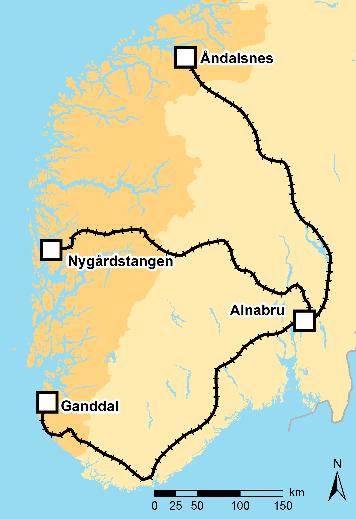 4.3.4. Jernbanetransport Godstransport med jernbane til og fra Vestlandet går via en av terminalene Ganddal i Sandnes, Nygårdstangen i Bergen eller Åndalsnes i Rauma.