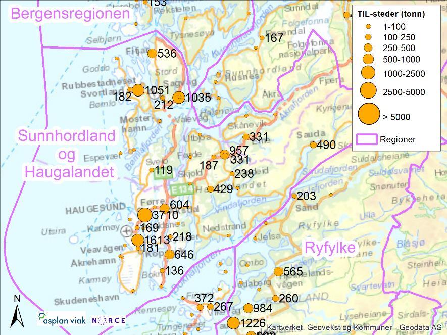Vesentlige målpunkt for gods TIL Sunnhordland og Haugalandet er illustrert i Figur 4-28.