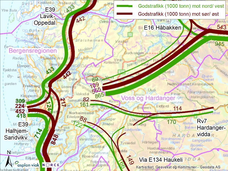 4.6.3. Vegtransport Godstransporten på veg inn og ut av regionen skjer på følgende samband: - E39 Halhjem-Sandvikvåg: 714.000 tonn inn fra sør, og 848.000 tonn ut - E39 Lavik-Oppedal: 442.