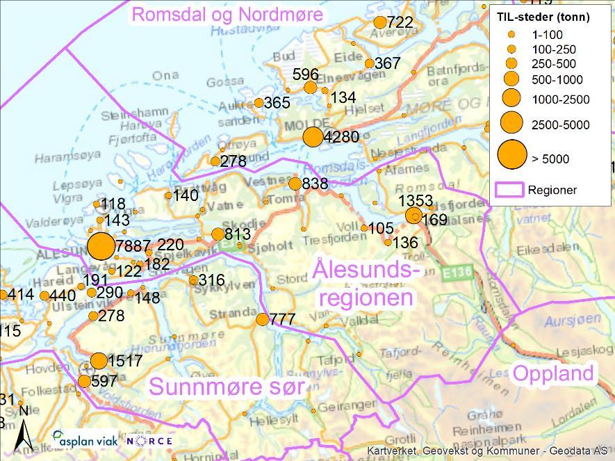 regioner. Tilsvarende andel for utgående gods ved E136 Horgheim er 41%, og 77% ved Sølsnes-Åfarnes. Vesentlige målpunkt for gods TIL Ålesundsregionen er illustrert i Figur 4-28.