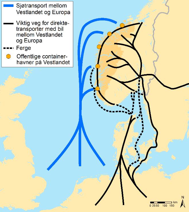 Kartet viser dagens direkteruter for sjø- og vegtransport mellom Vestlandet og Europa.