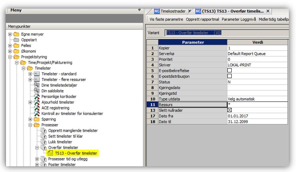 7.1.2 TS13 Overfør timelister (Utføres av DFØ) Menypunkt: UBW Prosjektstyring / Time/Prosjekt/Fakturering / Timelister / Prosesser / Prosesser tid og utlegg / Overfør timelister / TS13 Overfør