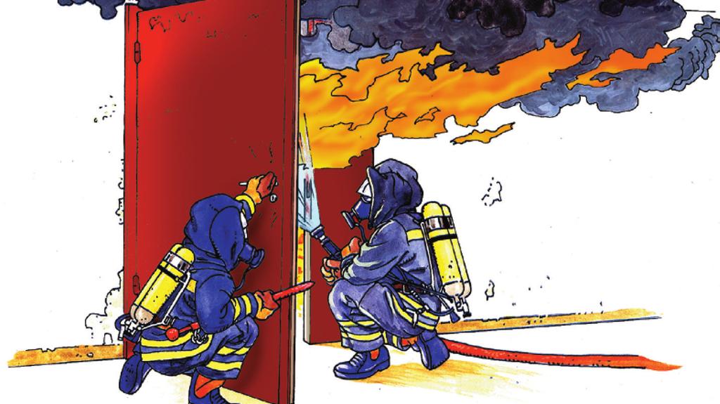 Illustrasjonen viser eksempel på kontrollert åpning av dør til brannrom. Røykdykker 2 foretar døråpningen, bør blokkere døren med fremre fot.