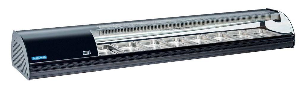 Eksponering Tel. 66 98 77 77 Sushi & Tapas kjølerenner Kjølerennene er utstyrt med skyvedører i glass, automatisk avriming, statisk kjøling og LED belysning.