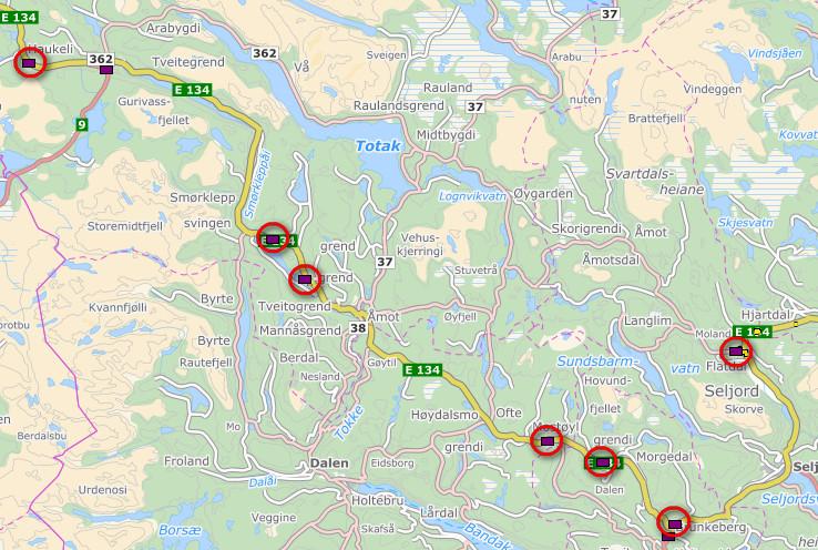 Hvordan bruke VegROS (2) VegROS og klimautfordringer - eksempel E134, Telemark (gul linje line, 120km vist i kart) Syv problempunkter for bilberging vogntog om vinteren Hyppigere fryse/tine-sykluser