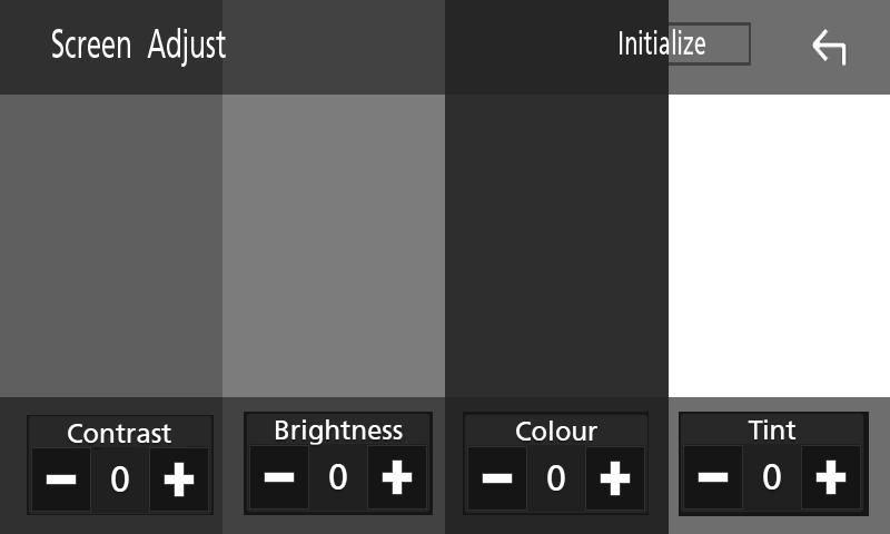 2 Trykk [SETUP]. 3 Juster hvert alternativ som følger. Contrast / Brightness / Colour / Tint Brukes for justering av hvert forhold.