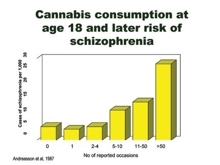 Cannabis og alvorlig psykisk sykdom Overhyppighet av psykisk sykdom hos cannabis brukere Husk slide forrige time Det er en stor overhyppighet av cannabisbruk hos psykisk syke Spesiell affinitet