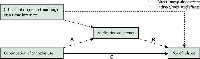 Det går dårligere for de schizofrene som bruker cannabis (non-compliance skyldes cannabisbruk) Tilbakefall er hyppig Cannabisbruk Drug non-adherence Alvarez-Jimenez et al 2012