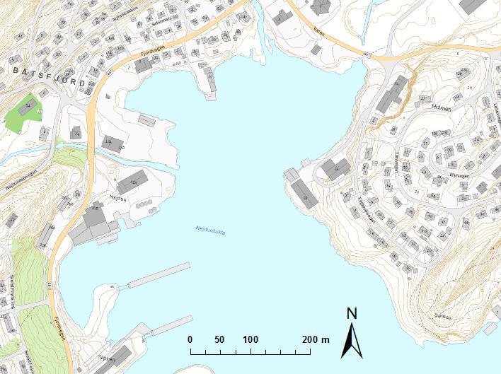 Figur 1: Neptunbukta, Båtsfjord. Oversiktskart med markert område for planlagte utfyllinger i sjø.