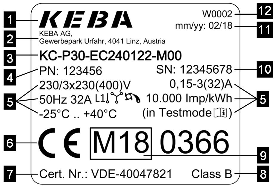 Beskrivelse av ladestasjonen P30 3... Kabelinnføringsåpninger åpen montasje M16 (for styreledning eller Ethernet) 4.4 Typeskilt Typeskiltet befinner seg på oversiden av til ladestasjonen.