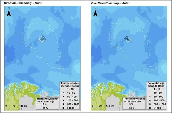 Influensområdene (< 5 % sannsynlighet for treff ved en utblåsning) for overflateutblåsninger er presentert i Figur 10.2 for alle sesonger sett under ett.