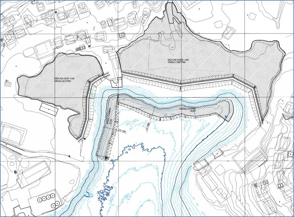 Foreløpig prosjekterte fyllinger, Kystverket Overstående tegning viser fylling med motfylling innerst i Neptunbukta. Motfyllinga kommer ikke over vannflaten.