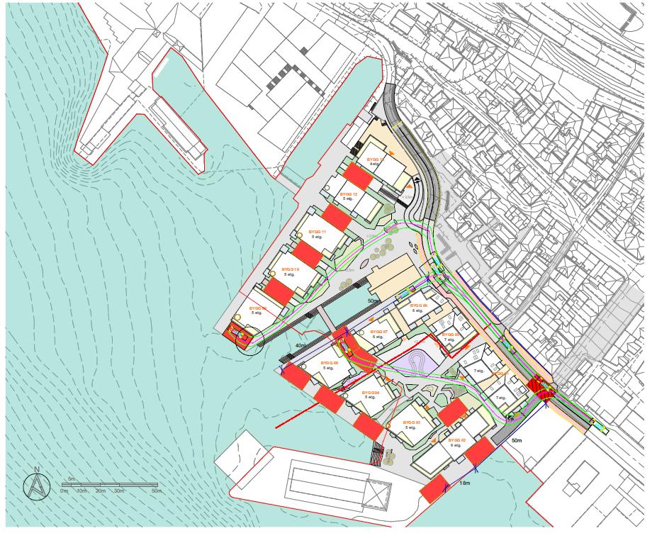 SITUASJONSPLAN TILKOMST STIGEBIL Utbyggingskonseptet er basert på at det skal være adkomst for utrykningskjøretøy/stigebil mellom byggene for evakuering via balkonger.