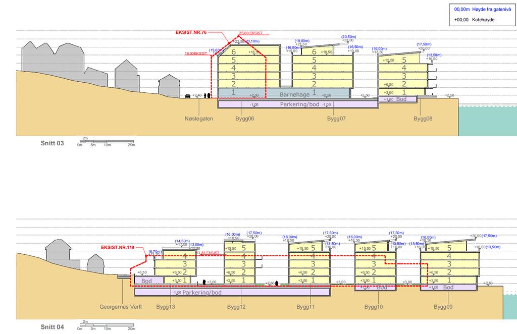 SNITT DEL B BYGGEHØYDER NORD FOR BJØRGEBODEN Byggehøyde mot Nøstegaten : Gesims 15,6m møne 20,1m Byggehøyder mot sjøen fra kaiplan :