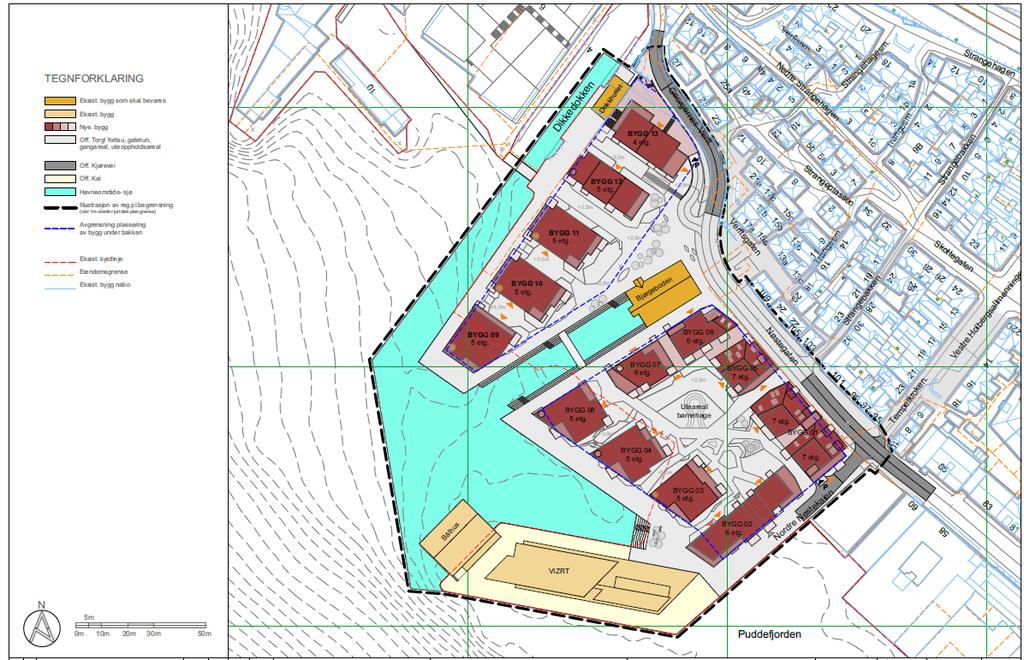 SITUASJONSPLAN HOVEDALTERNATIV SKAPE VARIERTE BYROM: Plassering av bygningene danner en blanding av tette gaterom og større åpne oppholdssoner.