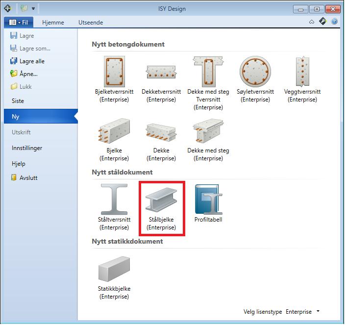Versjon 1.0 ISY Design Modellering av stålbjelke 1. Opprett et nytt stålbjelkedokument, som vist i figuren. 2. Legg inn materialdata for stålsorten (følg navigasjonsmenyen). 3.