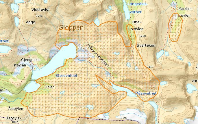 Kartutsnitt som syner kalvingsområda til reinen i Førdefjella siste åra. Kjelde: Fylkesatlas.