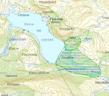 Kartutsnitta syner våtmarkene på Tangane aust for Vonavatnet (t.v) og aust for Storevatnet (t.h) Kjelde: Naturbase.