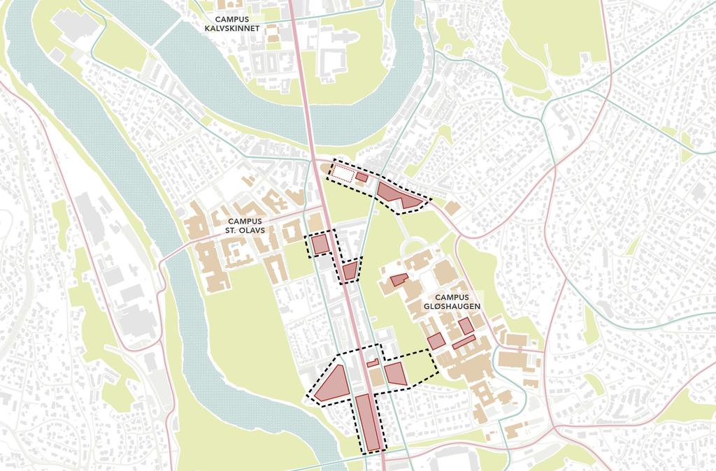 KOHT Arkitekter AS Fysisk plan NTNUs Campusutvikling 2016-2030 0-Alternativ Alternativet introduserer ønsket areal vest for Gløshaugen uten inngrep i parkareal/grøntdrag.