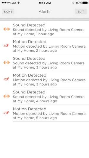 Konfigurere alarmer Når kameraet registrerer bevegelse eller lyd, sender det en alarm til appen. Trykk på Alerts-ikonet når en rød boble vises. 4 5 Alarmene vises med alarmtype og dato og klokkeslett.