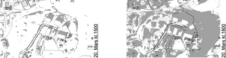 Det er utarbeidet sol og skyggestudier (figur 15 og 16) som viser at ny næringsbebyggelse medfører noe skygge mot tilgrensende boliger på ettermiddag/kveld: 20. mars: o Kl.