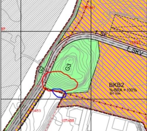 Figur 12 (Høyre):Rød ring markerer jordnøtteng på sørsiden av Orrtua, og blå ring markerer gamle eiker.